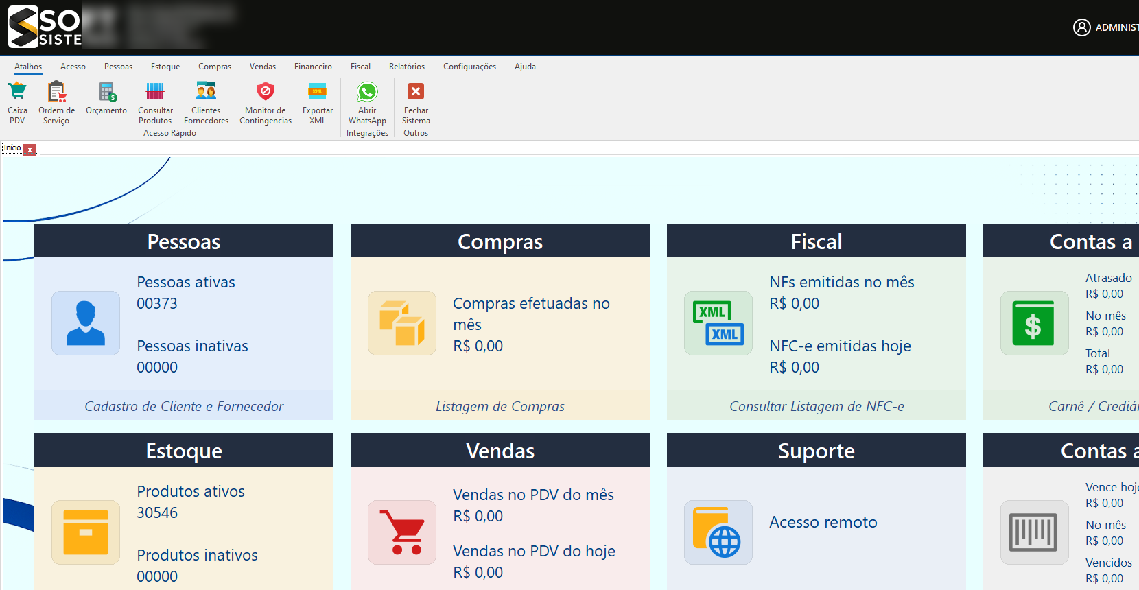 Painel principal do SoftERP para controle de vendas, estoque, financeiro e notas fiscais
